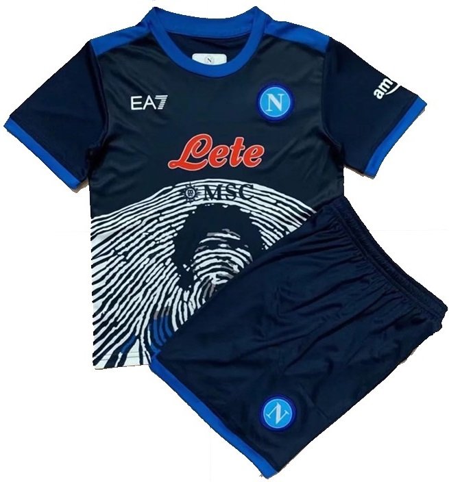 Kit infantil Napoli 2021 2022 EA7 oficial Maradona preto